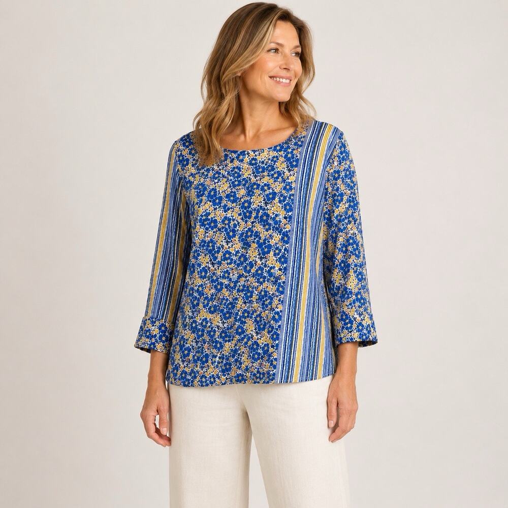Habitat Wide neck Top M Colorful Floral Lightweight Crinkle knit 3/4 Sleeve